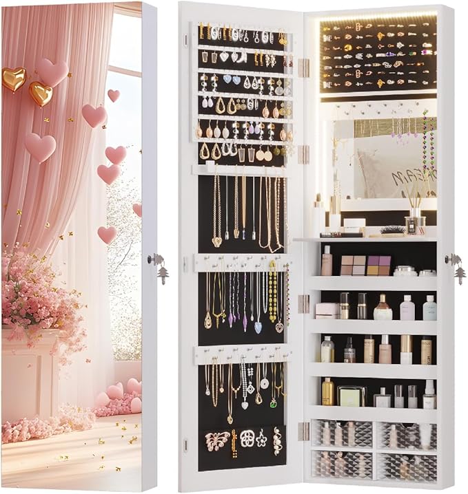 Vlsrka 47.2" LED Jewelry Mirror Cabinet, Wall/Door Mounted Jewelry Armoire Organizer with Full Length Mirror, Large Storage Hanging Cabinet, 4 Drawers, 5 Shelves (White)