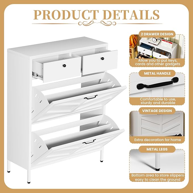 Metal Shoe Storage Cabinet for Entryway,White Shoe Cabinet with 2 Flip Drawers & 2 Top Drawers Hidden Slim Shoe Organizer Rack Freestanding Narrow Entrance Shoe Cabinet with Leg for Hallway Front Door