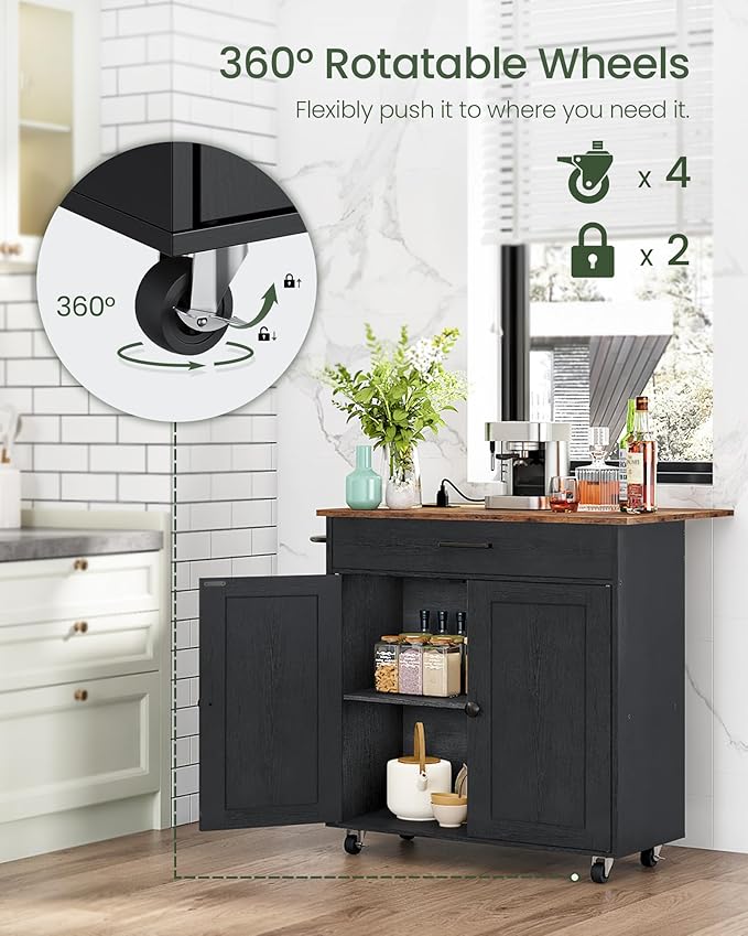 CHOEZON Kitchen Island, Kitchen Island Cart with One Double Cabinet and Drawer, Rolling Storage Cart with Power Strip, with Drop Leaf, for Kitchen, Living Room, Black and Rustic Brown MZD01UBFN1