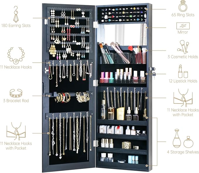 Full Length Mirror Jewelry Cabinet - 2-in-1 Organizer for Makeup and Jewelry,Lockable Door Wall-Mounted Jewelry Armoire with Shelves and Behind the Door Storage Black