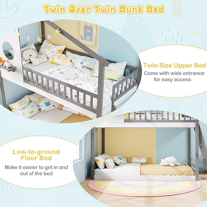 Giantex Bunk Bed Twin Over Twin, Solid Wood Floor Bunk Bed with Ladder & Full-Length Guardrails, House Shaped Bunk Beds for Kids, Girls, Boys, Dormitory and Bedroom, No Box Spring Needed