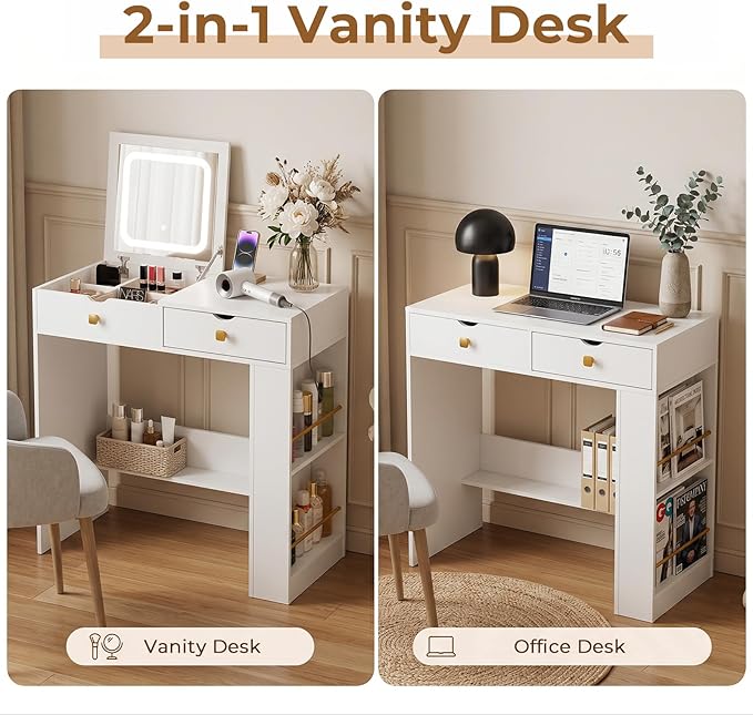 Vanity Desk with Flip Top Mirror,White Makeup Vanity Table with 3 Color Light and Brightness Adjustable, Side Organizer Small Vanity with Storage Compartment, Writing Desk for Bedroom