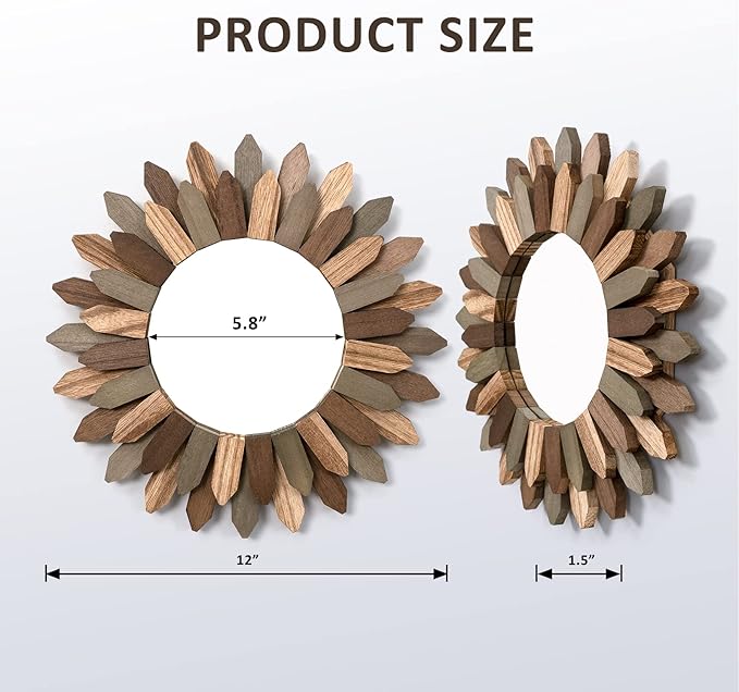 Honiway Boho Wall Decor Mirror 2 Pack 12 inch Rustic Wood Decorative Mirror for Room Decor Rustic Farmhouse Wall Decor for Bedroom Bathroom Living Room Entryway Tril Color