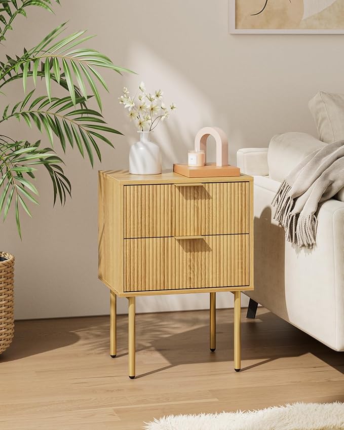 Aienvey Night Stand, Modern Nightstand with Drawers, Bedside Table, Gold Small Side Table for Bedroom, Living Room End Table (Oak Stripe, 2 Drawers)