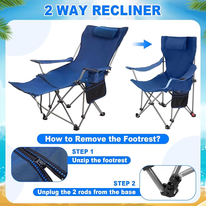 Yuntau 2 Set Reclining Beach Chairs with UPF 50+ Umbrellas Shade, Upgraded Heavy Duty Portable Folding Lounge Camping Chair with Canopy Removable Footrest & Headrest for Outdoor Patio(Black,Blue)