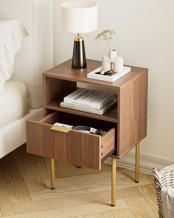 Aienvey Night Stand, Modern Nightstand with Drawers, Bedside Table, Gold Small Side Table for Bedroom, Living Room End Table (Walnut Stripe, 1 Drawer)