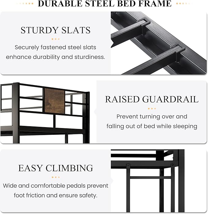 SHA CERLIN Loft Bed Twin Size with Ladder and Guardrail,Rustic Design,Metal Slats Support No Box Spring Needed Small Space Saving Furniture for Bedroom Dorm
