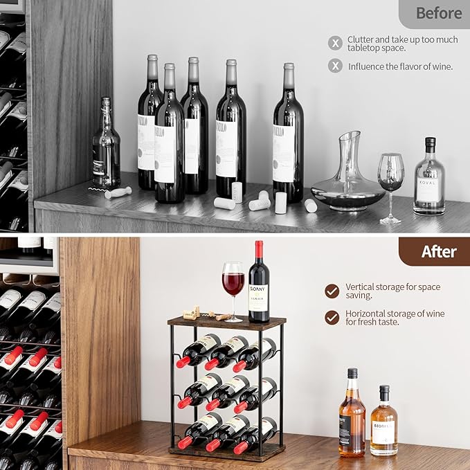 Nuovoware Wine Racks Countertop, Wine 9 Bottles Holder, Metal Wine Storage Organizer for Kitchen, Bar, Table, Cabinet, Wine Cellar, Vintage Brown