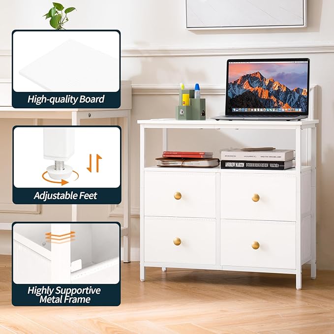 Yoobure Night Stand with Charge Station, Nightstand with 4 Drawers Bedside Table, LED Dresser with Storage Shelf, Night Stands for Bedroom, Side Table 3-Tier Wood End Table for Home, Office White