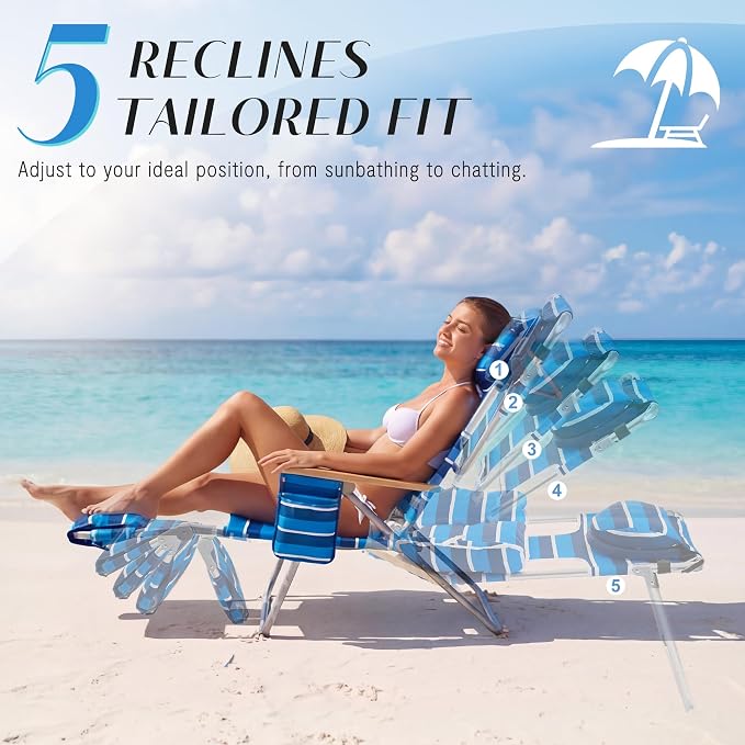 5-Positon Backpack Beach Chair, Portable Folding Tanning Chair, Double Shoulder Straps Beach Lounge Chair with Footrest, Face Hole, Towel Bar for Camping (Blue White, 60.6")