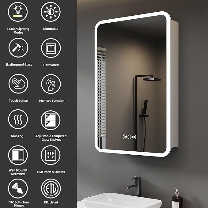 Medicine Cabinet with LED Lights and Mirror, 24 x 30 Inch Surface or Recessed Mounted Bathroom Cabinets with Door, Defogger, Memory Function, 3-Color Mode, Outlet&USB, Dimmer, Storage Shelf