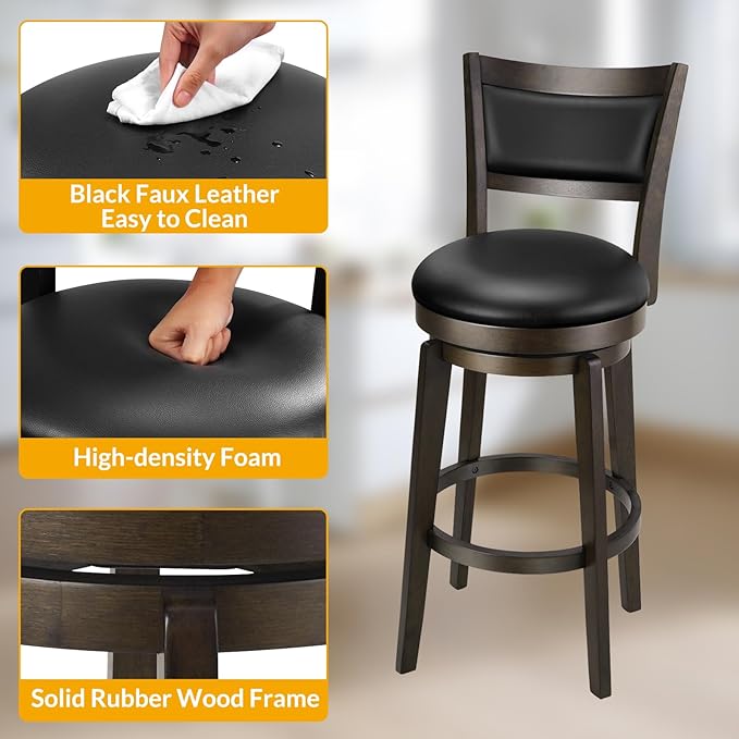 PrimeZone Swivel Bar Stools Set of 8, 24 Inch Counter Height Barstools, Black Faux Leather Bar Stool with High Backrest & Solid Wood Legs & Wrap-around Footrest, Counter Stools for Kitchen Island, Pub