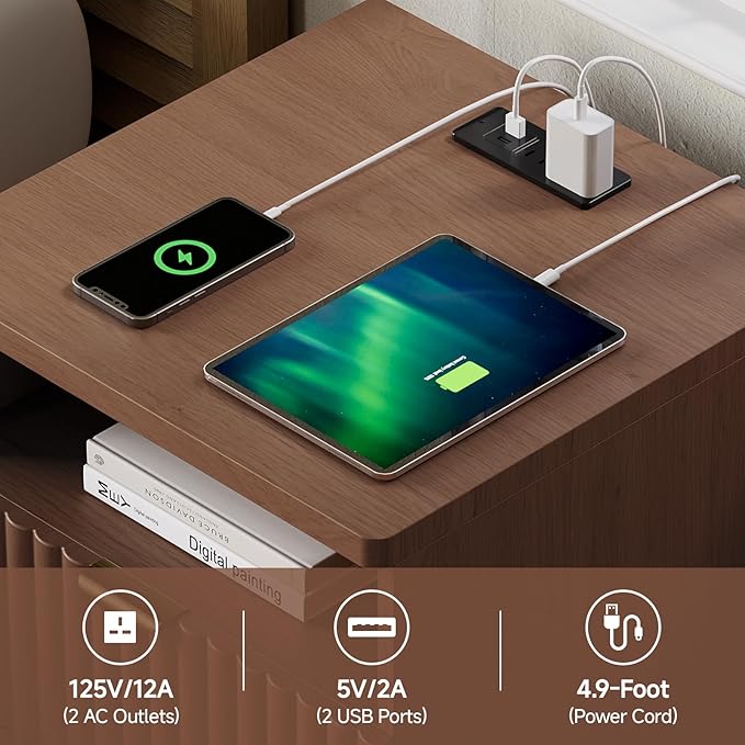 Nightstand with Charging Station, Night Stand with Open Shelf and 2 Drawers for Bedroom, Side Table Bedside Table with USB Ports & Outlets, Small Nightstand End Table (Walmut)