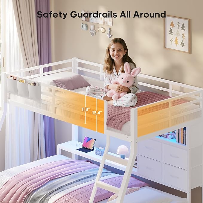 BTHFST Bunk Bed Twin Over Twin with 4 Storage Drawers & Shelves & Bedside Caddy, Twin Bunk Beds with Charging Station & LED Lights, Metal Loft Bed with Safety Guardrail & Angled Ladder for Kids, White