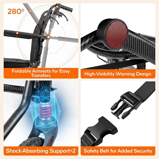SOFTFISH Transport Wheelchair with Ergonomic Seat & Pull Rod, 1s Foot-fold Wheelchairs for Adults with Foldable Armrest & Footrest, Carbon Fiber Aluminum Frame Travel Transport Chair for Seniors