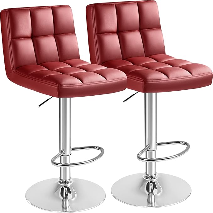 Furmax Bar Stools Modern Pu Leather Swivel Adjustable Hydraulic Bar Stool Square Counter Height Stool Set of 2 (Wine Red)