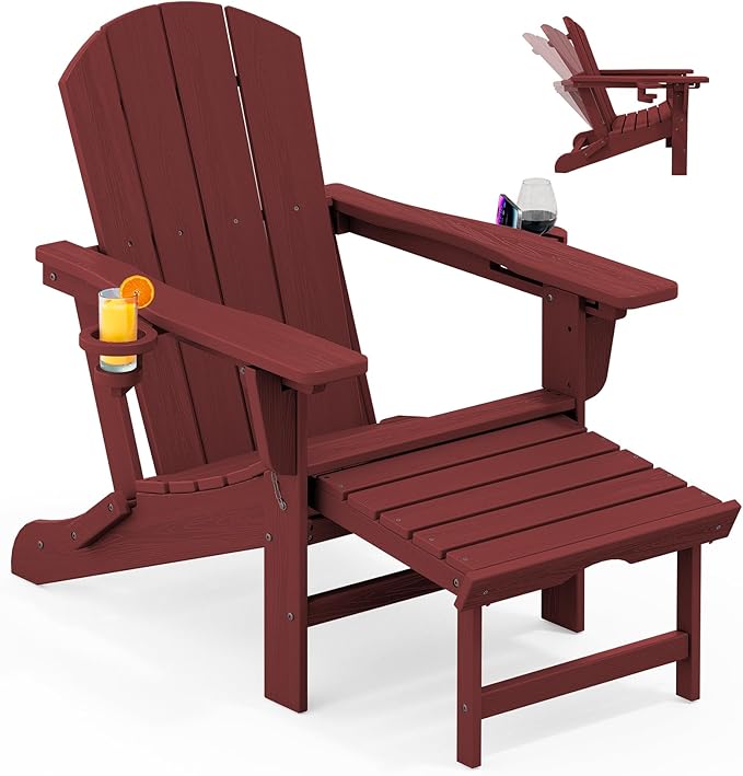 KINGYES Folding Adjustable Adirondack Chair with Ottoman & 2 Cup Holders, HDPE Reclining Adirondack Chair with Footrest, Red