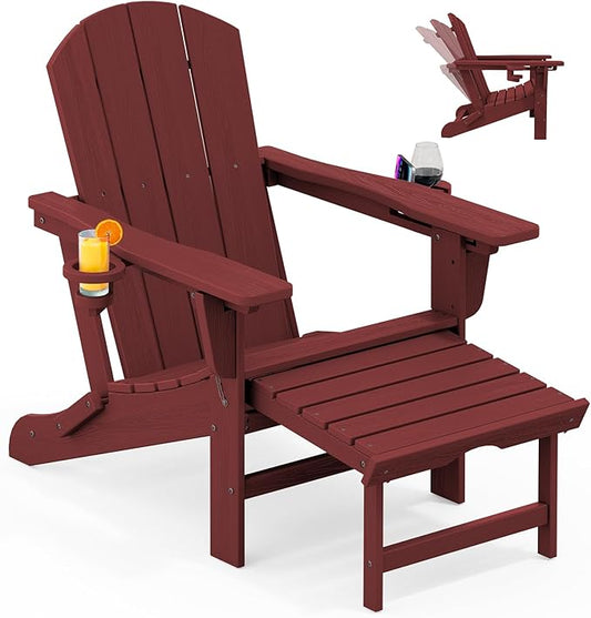KINGYES Folding Adjustable Adirondack Chair with Ottoman & 2 Cup Holders, HDPE Reclining Adirondack Chair with Footrest, Red