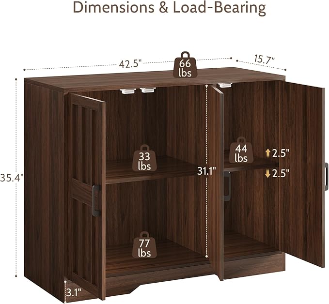 Modern Farmhouse Buffet Cabinet with Storage, 42" Large Sideboard Storage Cabinet with 3 Barn Doors, Coffee Liquor Bar Cabinet Wood Table Credenza with Adjustable Shelf for Kitchen Dining Living Room
