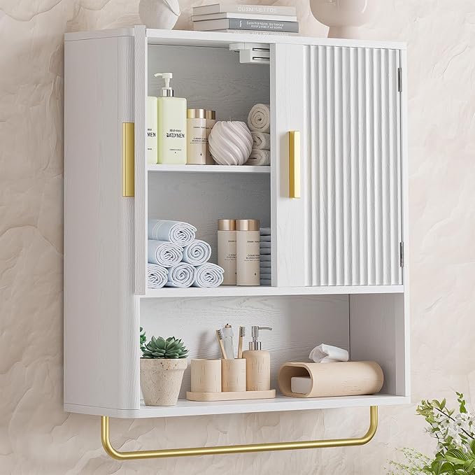 Memobarco Bathroom Wall Cabinet, Medicine Cabinet with Fluted Door & Adjustable Shelf, Over the Toilet Storage Cabinet with Towel Bar, Cabinet Wall Mount for Laundry Room & Kitchen, White