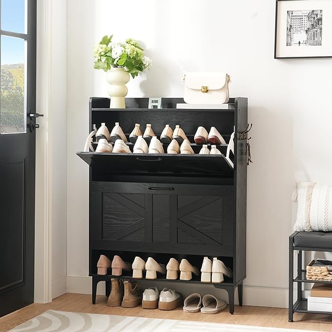 MAHANCRIS Shoe Storage Cabinet, Shoe Organizer with 2 Flip Drawers, Hidden Shoe Storage for Entryway, Freestanding Shoe Cabinet Organizer with Open Storages, Black SHHB9401