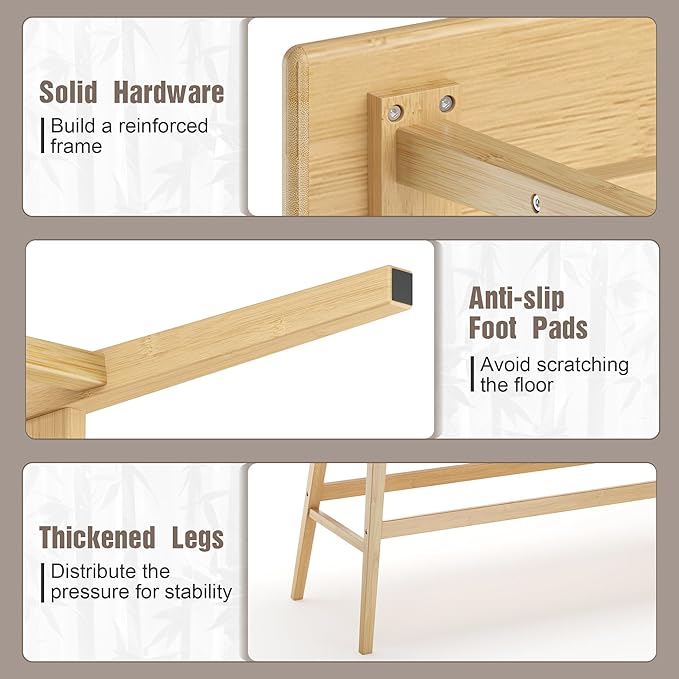 Bamboo Dining Bench, Entryway Bench with Spindle Back Farmhouse Wood Windsor for Foyer Balcony Living Room (Nature)