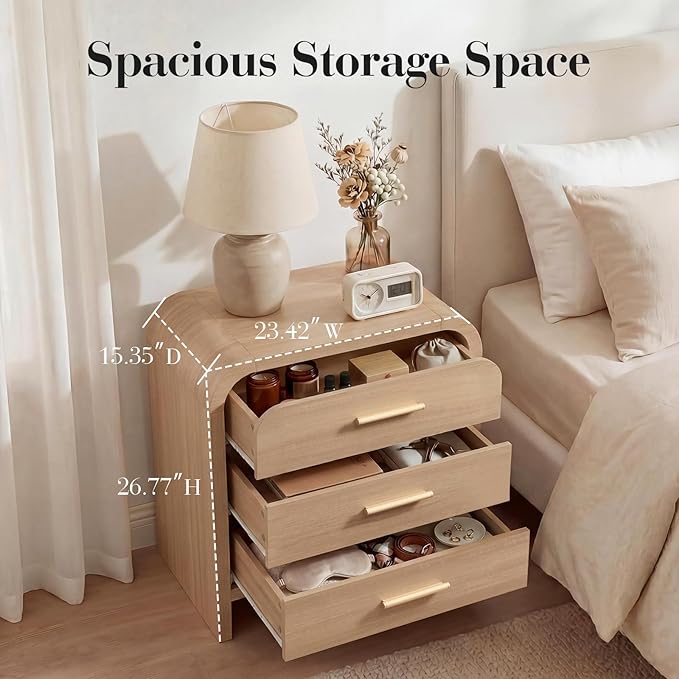 Night Stand [Unique Curved Profile] [FSC-Certified Wooden Board] 3-Drawer Nightstand 26.7" H Metal Handle Modern Bedside Table