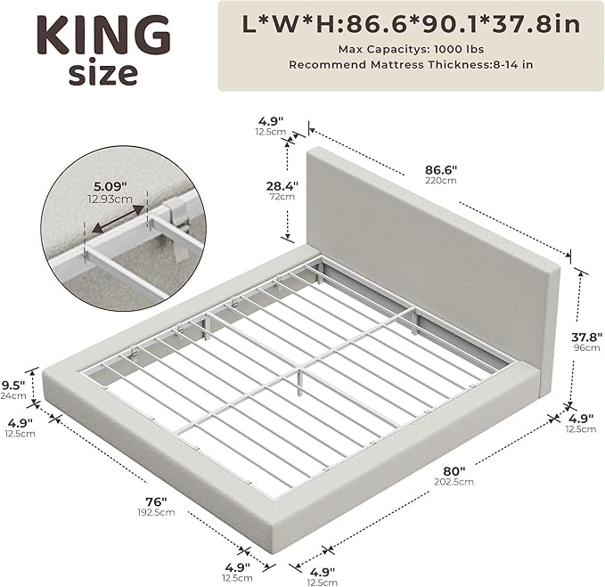 RECCI AirFrame King Size Bed Frame with Headboard, Cloud Upholstered Platform Bed Frame, 5 Inch Foam Cushioned, No Box Spring, Easy Assembly(Cream Boucle)