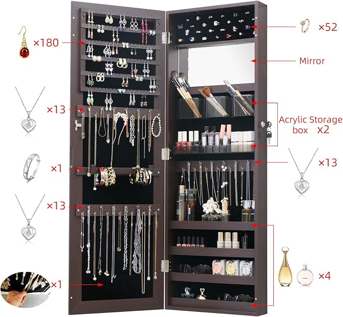 Full Length Mirror Jewelry Cabinet Organizer for Makeup and Jewelry, Lockable Door Wall-Mounted Jewelry Armoire with Shelves and Behind-the-Door Storage Rustic Brown
