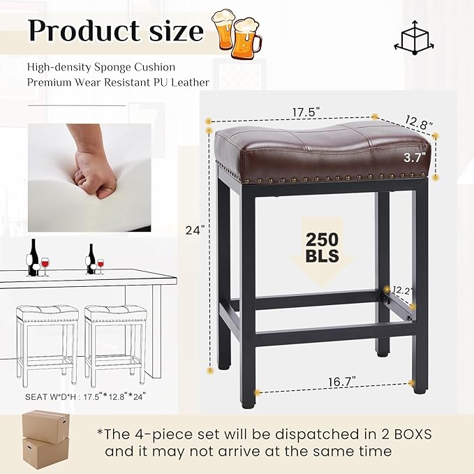 Sweetcrispy Bar Stools Set of 2, 24 Inch Counter Height Stools, PU Leather Upholstered Bar Chairs with Footrest, Modern Bar Stools for Kitchen Island, Dining, Living Room, Brown