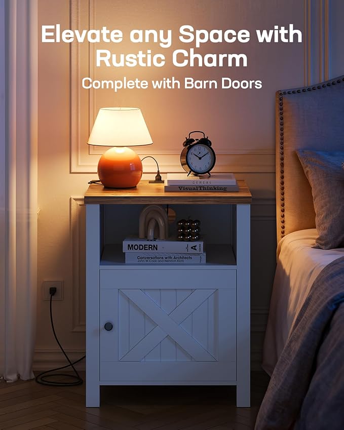Marsail Farmhouse Nightstand Set of 2, Wood Bedside Table with Charging Station, Night Stand with Shelf and Doors, End Table with Storage Side Table for Bedroom, White & Walnut