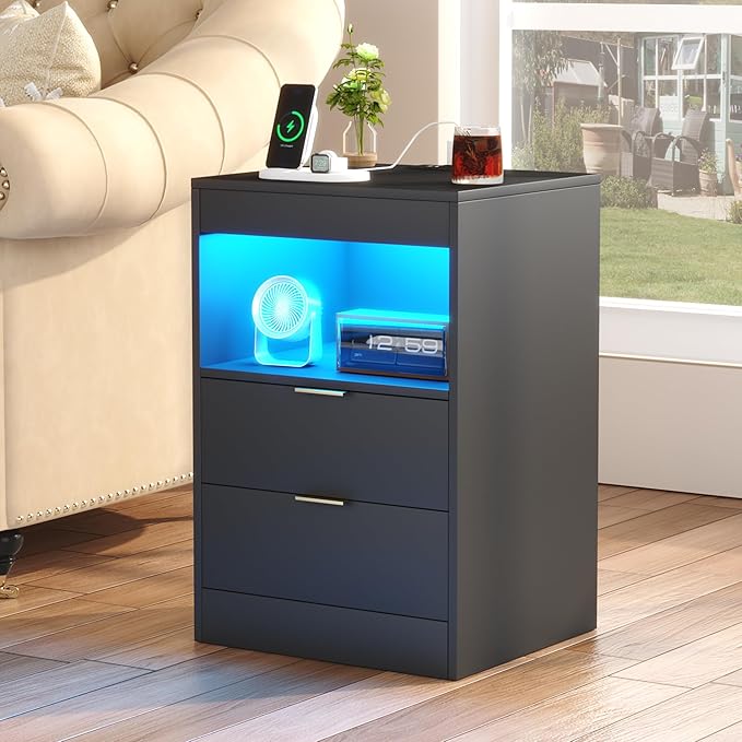 Gadroad Night Stand, LED Nightstand with Charging Station, Wood Bedside Table, End Table Sofa Couch Side Table with Pull-Out Shelf, Black