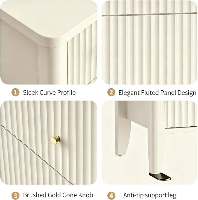Fatmok Fluted 3 Drawer Dresser for Bedroom, 34" Wide Chest of Drawers, Modern Wood Nightstand End Table with Metal Handles, Striped Storage Cabinet for Living Room, Hallway, Entryway, Alabaster White
