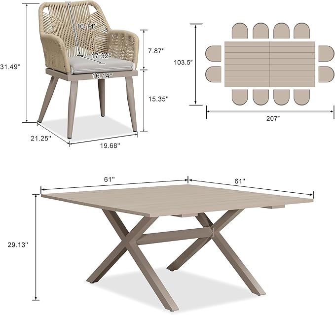 PURPLE LEAF 14 Pieces Outdoor Patio Dining Set All-Weather PE Rattan Furniture Set with All Aluminum Frame Rectangular Table and Chairs Set for 12 People Lawn Garden Backyard Deck, Champagne