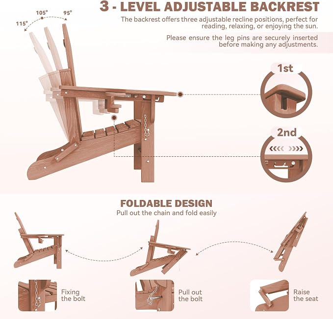 Mdeam 3-Level Adjustable Adirondack Chair with Retractable Ottoman, HDPE All-Weather Folding Fire Pit Chair with 2 Cup Holders, Outdoor Chair for Deck Patio Garden Backyard Lawn (Teak)