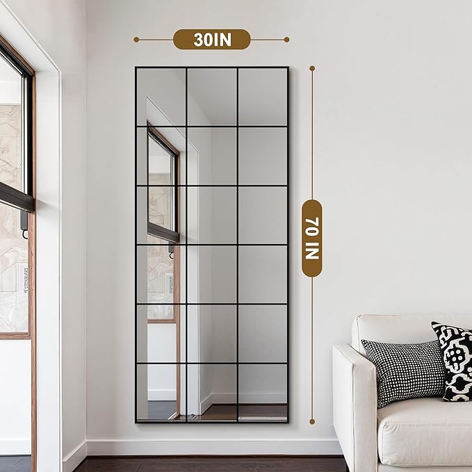 Window Mirrors for Wall Decor, Large Wall Mirrors Decorative Window Pane 30 x 70, Rectangular Metal Framed Wall Mounted Mirrors for Bedroom, Living Room, Dining Room, Entryway, Bathroom