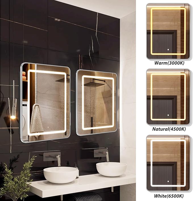 APRILSOUL 24x30 Inch Lighted Bathroom Medicine Cabinet with Mirror, Silver Recessed or Surface Mount Medicine Cabinet Mirror with Storage and LED Lights, 3 Colors Temperature, Dimmable Light