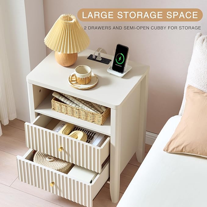 Fluted Nightstand with Charging Station, 21" Wide Modern Bedside Table with 2 Drawers & Open Shelf, Wood End Table with Storage & Metal Handle for Bedroom, Living Room, Small Spaces, Creamy White