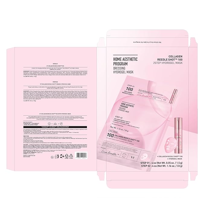 VT COSMETICS Collagen Reedle Shot 100 2-Step Hydrogel Mask (34.5g x 4ea), Firming & Elasticity Care, Exosome 500Da, Fine Lines, Hydrating Overnight Melting Mask, Korean Skincare, Facial Gel Mask