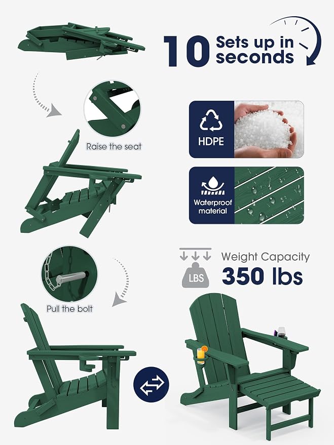 KINGYES Adjustable Folding Adirondack Chair with Ottoman & 2 Cup Holders Set of 2, HDPE Adirondack Reclining Chair with Footrest, Green