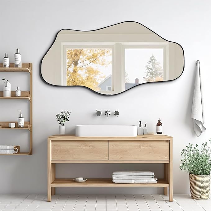 Large Irregular Mirror, 55"x25.6" Asymmetrical Aesthetic Wall Mirror with Metal Frame, Modern Organic Shaped Mirrors for Living Room Bedroom Hallway Entryway, Horizontal or Vertical Hanging