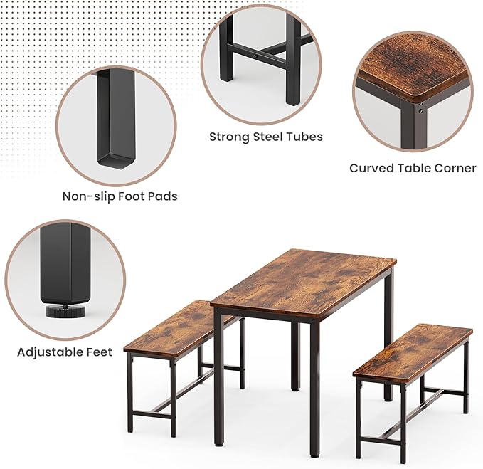 Dining Table Set for 4, Kitchen Table with 2 Benchs, Modern Functional 3-Piece Dining Room Table for Apartment Breakfast Nook and Samll Space, Brown
