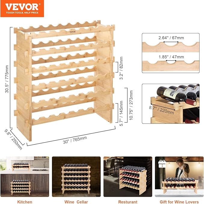 VEVOR 8-Tier 72 Bottles Stackable Modular Wine Rack, Freestanding Wines Holder Display Shelf, Solid Bamboo Wood Storage Racks, Wobble-Free Shelves for Kitchens, Dining Rooms, Cellars, Natural Color