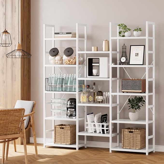 NUMENN Triple Column 5 Tier Bookshelf, Bookcase with 14 Open Display Shelves, Adjustable Rustic Industrial Style Book Shelves, Modern Bookshelves for Bedroom, Living Room and Home Office, White