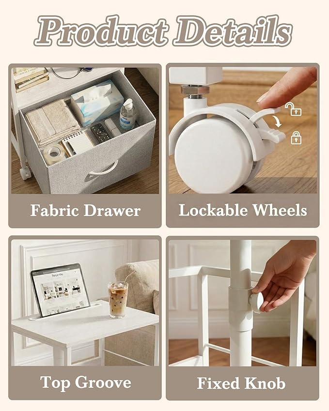 Faesun Swivel Lift Top Nightstand with Charging Station, Rolling Side Table for Recliner, Bedside Table with Wheels & a Fabric Drawer, for Small Spaces, for Bedroom, Living Room, White Gray