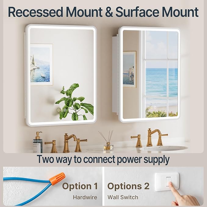 24x30 Inch Medicine Cabinet with Mirror, Recessed or Surface Mount Bathroom Medicine Cabinet with LED Lights, Anti-Fog, Memory Function, Adjustable Shelf, Dimmable Light, ETL Listed, White,Left Hinge