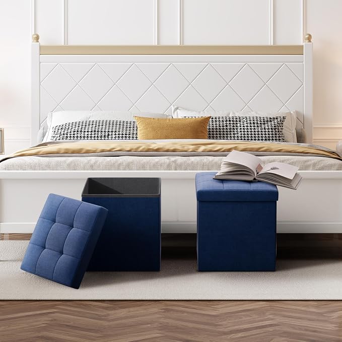Storage Ottoman Bench, 15 Inch Ottoman Foot Rest, End of Bed Bench, Storage Chest for Living Room, Bedroom, Entryway, Navy Blue