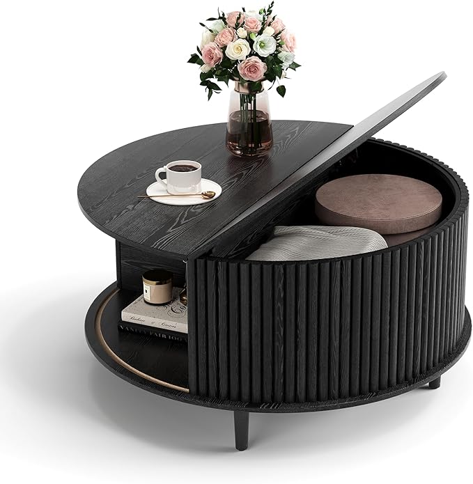 JOINICE,Black Round Coffee Table with Storage, 31.5" Fluted Center Table with Sliding Door, Modern Circle Drum Accent Table for Living Room, Sleek Wood Furniture for Small Spaces & Apartments