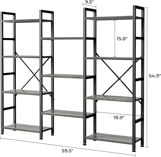 SUPERJARE Triple Bookshelf, Bookcase with 11 Open Display Shelves, Wide Book Shelf Book Case for Home & Office, 4 Tier, Grey
