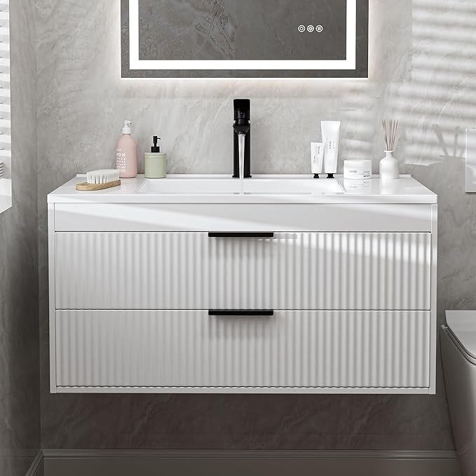 36 Inches Modern MDF Bathroom Vanity with Sink, Wall Mounted Floating Cabinets w/Double Drawers, Black Handles, White Resin Sink Combo Set (White, 36")